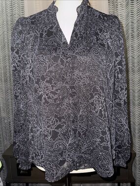 Joie Black & White hint of metallic gold Floral Print blouse